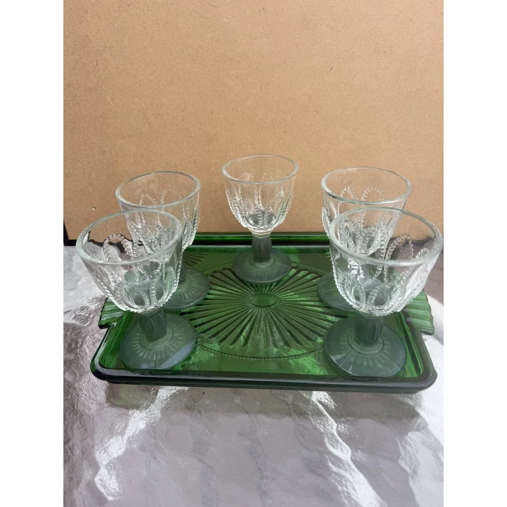 Vintage Avon Green Pressed Glass Decanter Set w/ 5 Cordials & Tray 1980s Barware